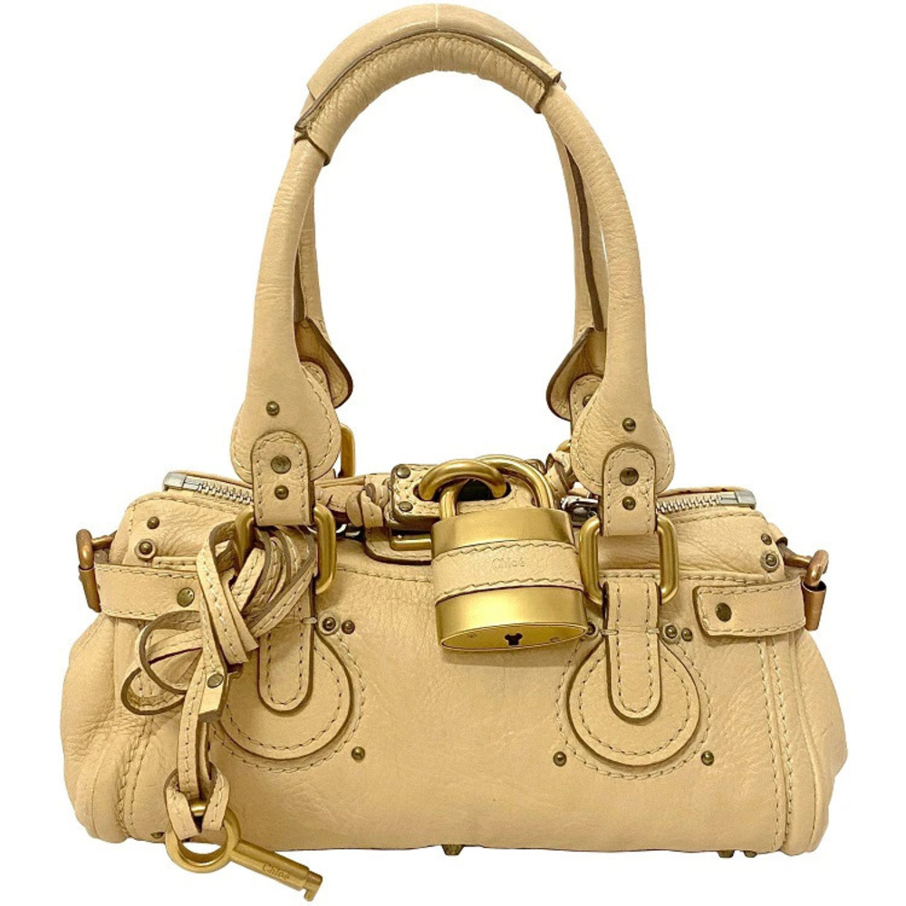 Chloe Paddington Handbag Beige Gold Key Shoulder Bag Zipper Studs Padlock Soft